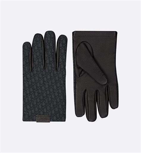 Gants Cuir grainé et toile jacquard micro Dior Oblique noirs .